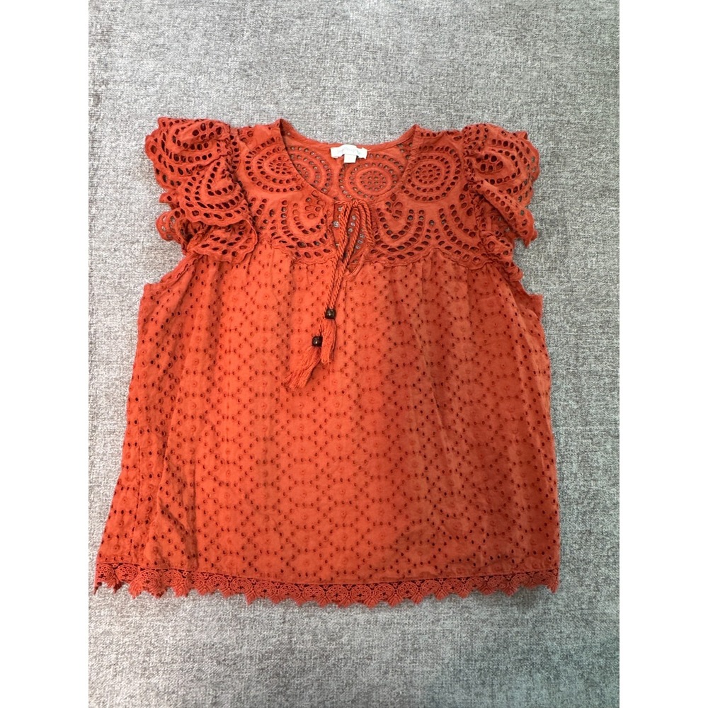 Entro Rust Eyelet Lace Boho‎ Peasant Top Crochet Trim Tassel Women L